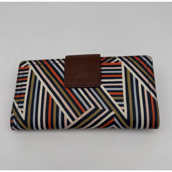 Fossil Madison Slim Clutch Wallet Geometric Red Blue Brown Leather - Picture 1 of 7